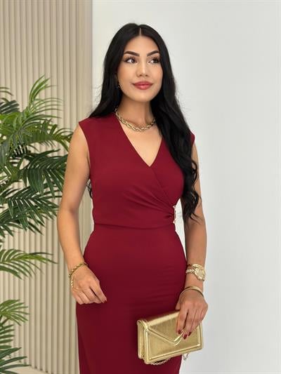 Kruvaze Yaka Beli Gold Detaylı Atlas Kumaş Elbise Bordo