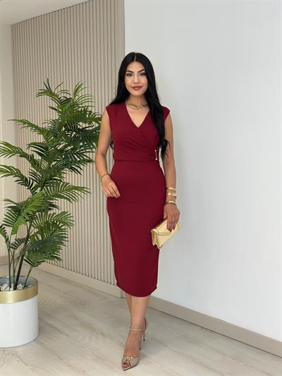 Kruvaze Yaka Beli Gold Detaylı Atlas Kumaş Elbise Bordo