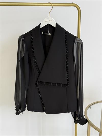 Kruvaze Yaka Boncuk İşlemeli Şifon Kol Siyah Bluz 