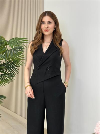 Kruvaze Yaka Düğme Detaylı Tulum Siyah