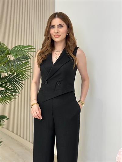 Kruvaze Yaka Düğme Detaylı Tulum Siyah