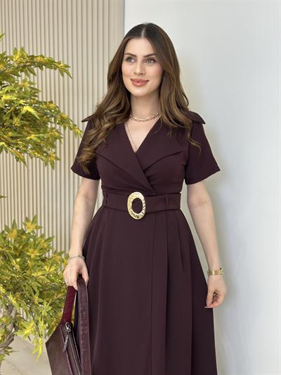 Kruvaze Yaka Kemerli Kısa Kollu Elbise Mürdüm