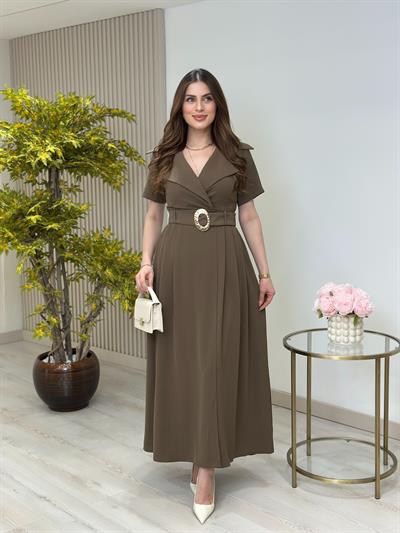 Kruvaze Yaka Kemerli Kısa Kollu Elbise Haki