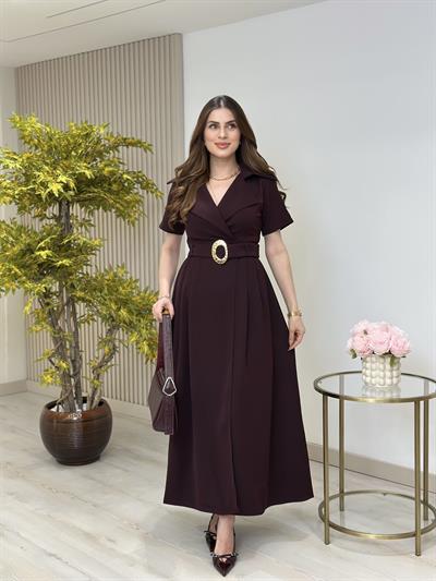 Kruvaze Yaka Kemerli Kısa Kollu Elbise Mürdüm