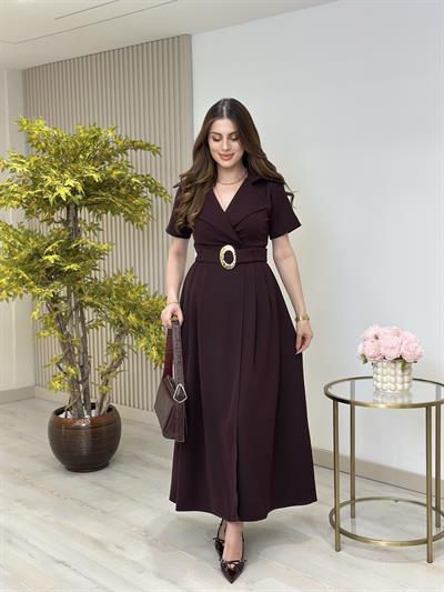 Kruvaze Yaka Kemerli Kısa Kollu Elbise Mürdüm