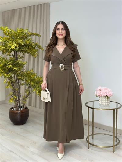 Kruvaze Yaka Kemerli Kısa Kollu Elbise Haki