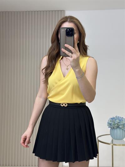 Kruvaze Yaka Krep Kumaş Sıfır Kol Bluz Sarı