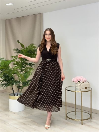 Kruvaze Yaka Şifon Puantiyeli Elbise Kahve