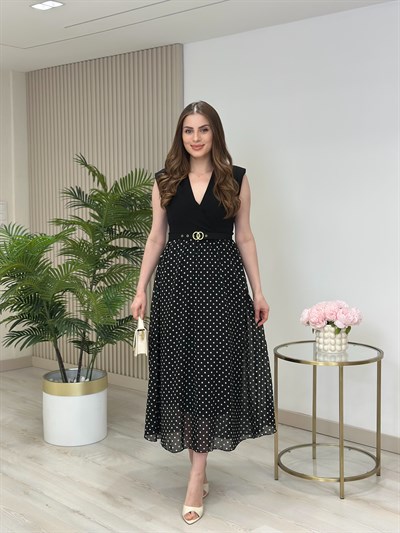 Kruvaze Yaka Şifon Puantiyeli Elbise Siyah