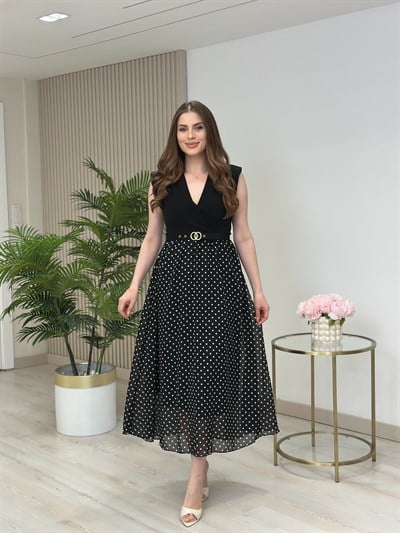 Kruvaze Yaka Şifon Puantiyeli Elbise Siyah