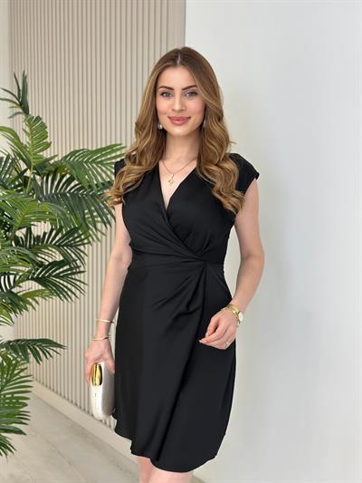 Kruvaze Yaka Yanı Drapeli Saten Elbise Siyah