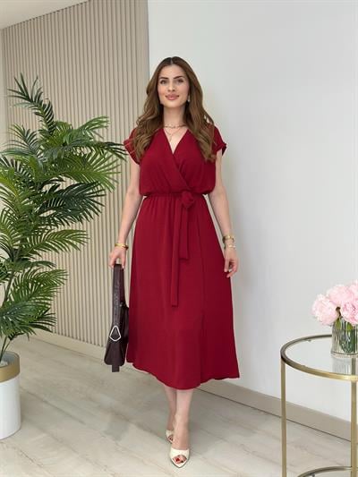 Kruvaze Yaka Yırtmaçlı Basıc Elbise Bordo
