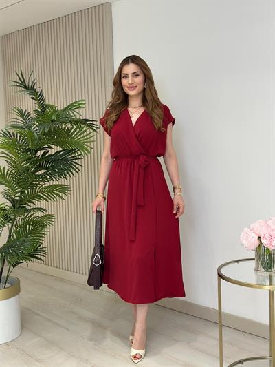Kruvaze Yaka Yırtmaçlı Basıc Elbise Bordo