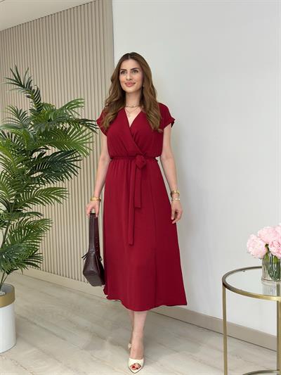 Kruvaze Yaka Yırtmaçlı Basıc Elbise Bordo