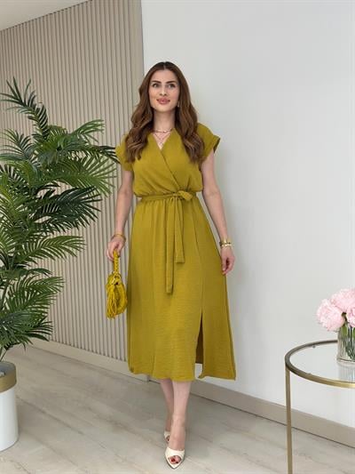 Kruvaze Yaka Yırtmaçlı Basıc Elbise Yağ Yeşili