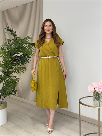 Kruvaze Yaka Yırtmaçlı Basıc Elbise Yağ Yeşili