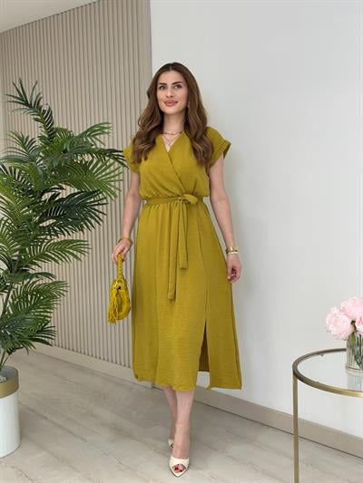 Kruvaze Yaka Yırtmaçlı Basıc Elbise Yağ Yeşili