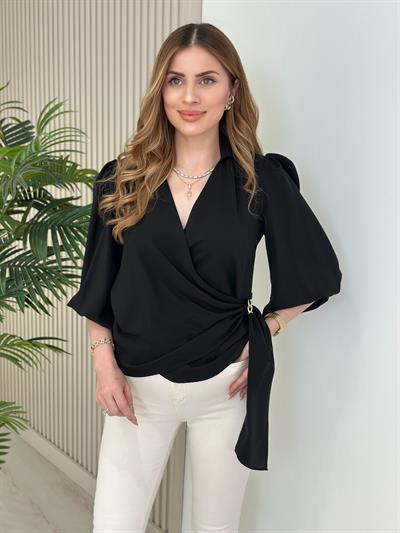 Kruvaze Yaka Zincir Detaylı Kolları Lastikli Krep Kumaş Bluz Siyah