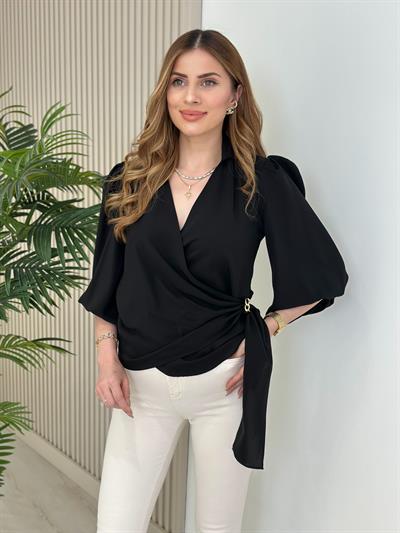 Kruvaze Yaka Zincir Detaylı Kolları Lastikli Krep Kumaş Bluz Siyah