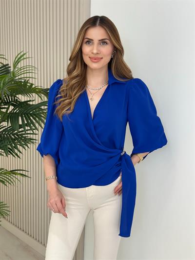 Kruvaze Yaka Zincir Detaylı Kolları Lastikli Krep Kumaş Bluz Mavi