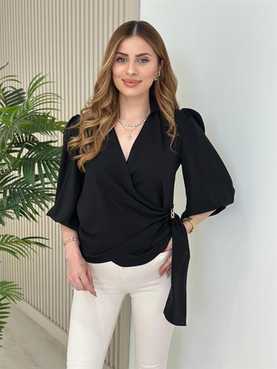 Kruvaze Yaka Zincir Detaylı Kolları Lastikli Krep Kumaş Bluz Siyah