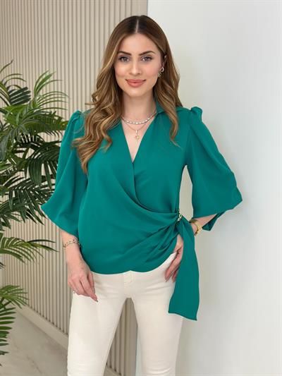 Kruvaze Yaka Zincir Detaylı Kolları Lastikli Krep Kumaş Bluz Yeşil