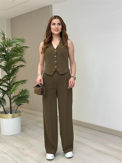 Kurdele Düğmeli Tasarım Yelek Pantolon Takım Haki