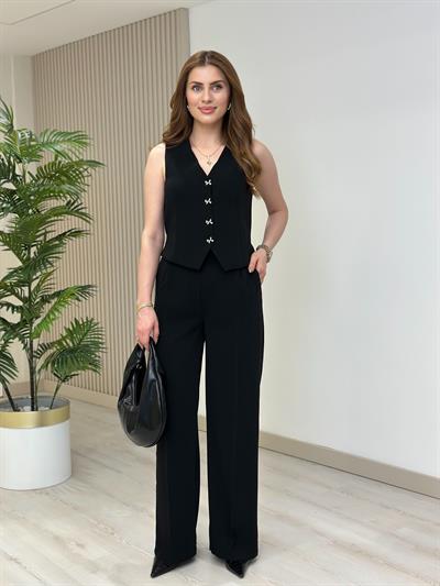 Kurdele Düğmeli Tasarım Yelek Pantolon Takım Siyah