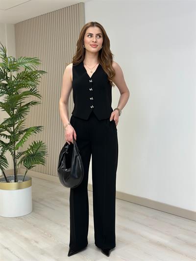 Kurdele Düğmeli Tasarım Yelek Pantolon Takım Siyah