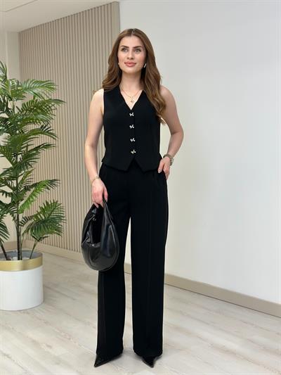 Kurdele Düğmeli Tasarım Yelek Pantolon Takım Siyah