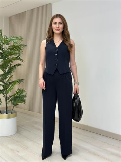 Kurdele Düğmeli Tasarım Yelek Pantolon Takım Lacivert