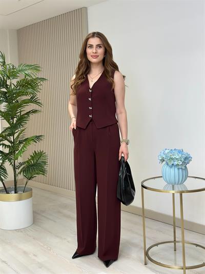 Kurdele Düğmeli Tasarım Yelek Pantolon Takım Bordo