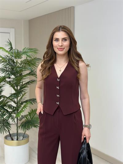 Kurdele Düğmeli Tasarım Yelek Pantolon Takım Bordo