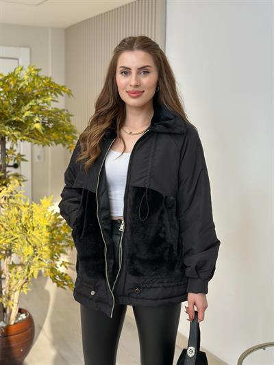 Kürklü Büzgülü Mont Siyah