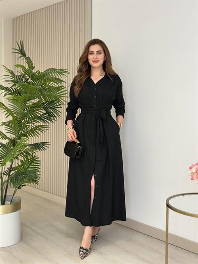 Kuşaklı Bağlama Detaylı Gömlek Elbise Siyah