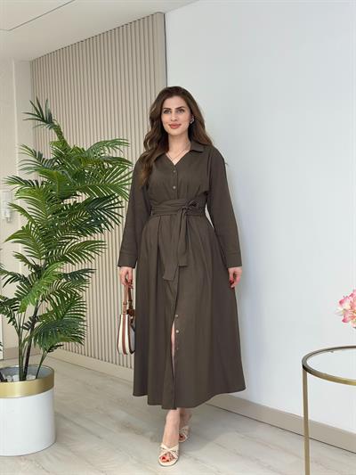 Kuşaklı Bağlama Detaylı Gömlek Elbise Kahve