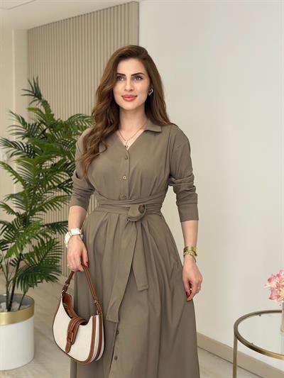 Kuşaklı Bağlama Detaylı Gömlek Elbise Açık Haki