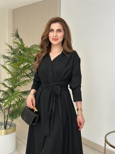 Kuşaklı Bağlama Detaylı Gömlek Elbise Siyah