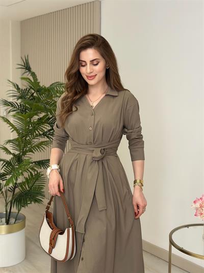 Kuşaklı Bağlama Detaylı Gömlek Elbise Açık Haki