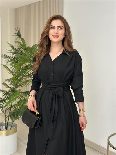 Kuşaklı Bağlama Detaylı Gömlek Elbise Siyah