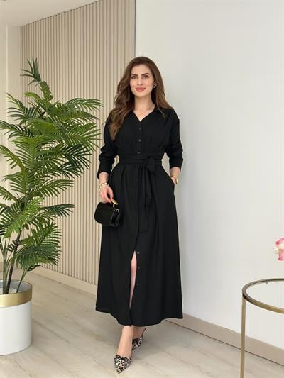Kuşaklı Bağlama Detaylı Gömlek Elbise Siyah