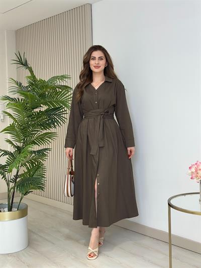 Kuşaklı Bağlama Detaylı Gömlek Elbise Kahve