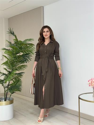 Kuşaklı Bağlama Detaylı Gömlek Elbise Kahve