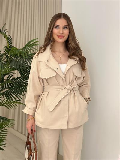 Kuşaklı Denım Takım Bej