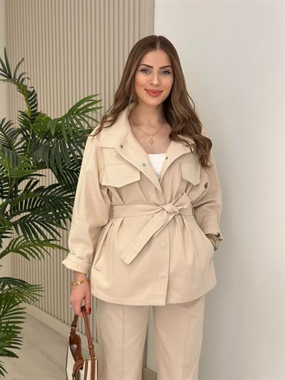 Kuşaklı Denım Takım Bej