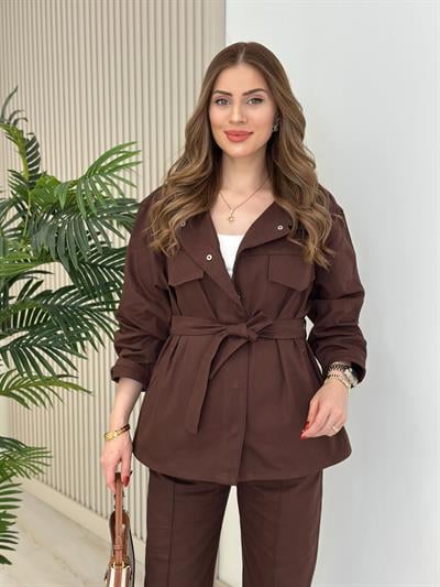 Kuşaklı Denım Takım Kahve