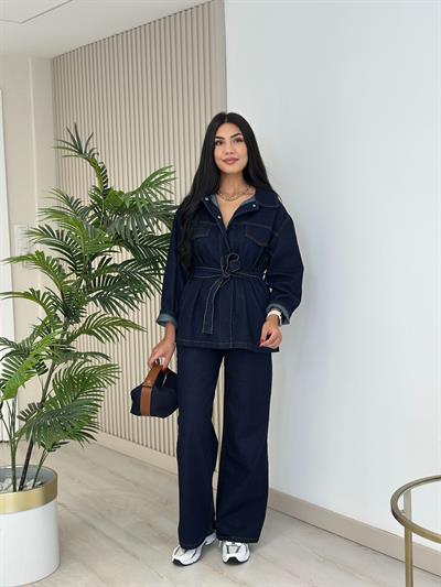 Kuşaklı Denım Takım Lacivert