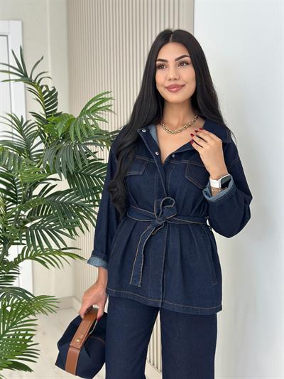 Kuşaklı Denım Takım Lacivert