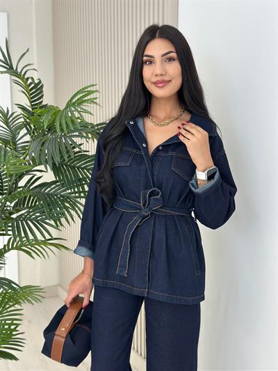 Kuşaklı Denım Takım Lacivert