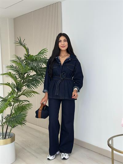 Kuşaklı Denım Takım Lacivert